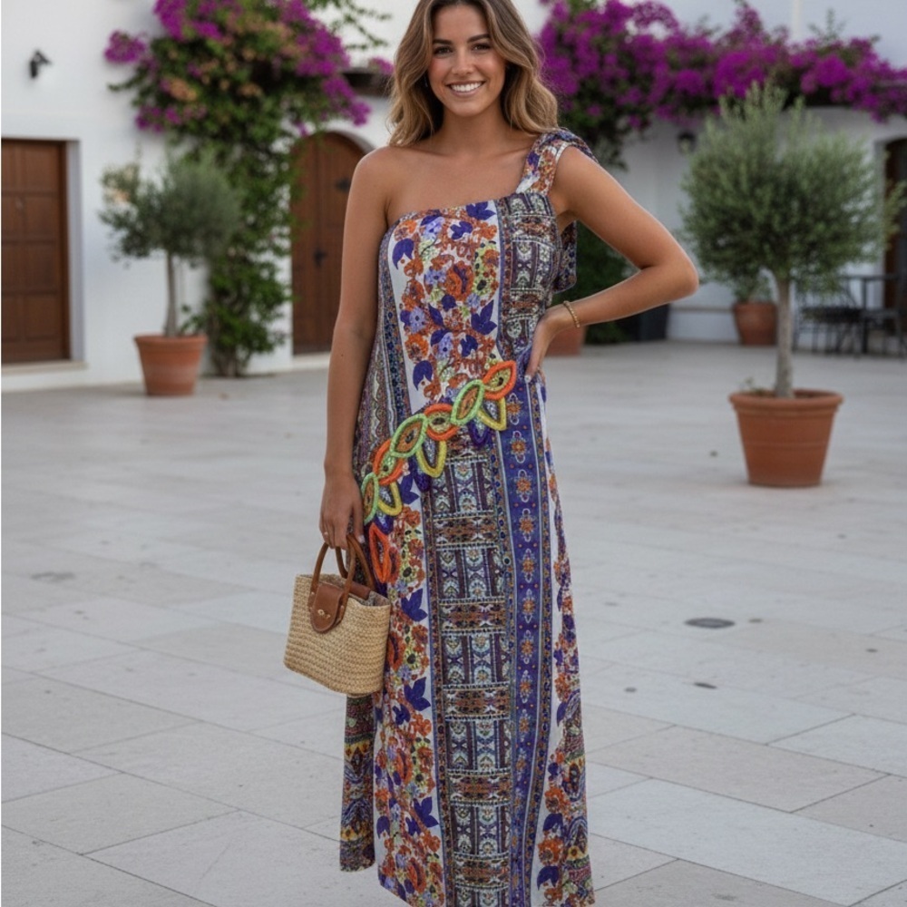 Agua Bendita Multicolor One-Shoulder Midi Dress (105)